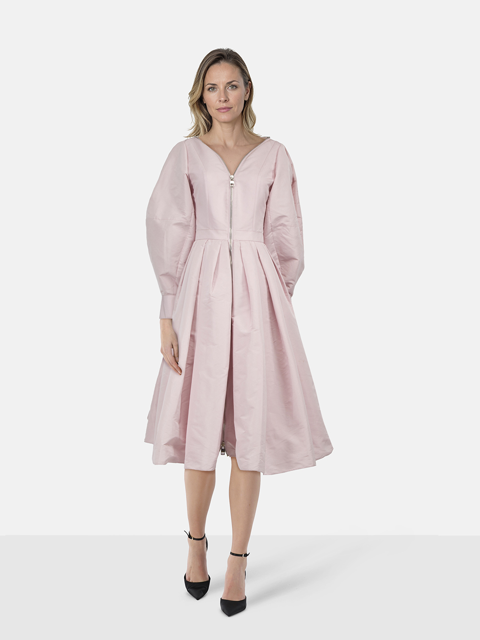 Alexander Mcqueen Women's Pink Puff-Sleeve Pleated Faille Midi Dress