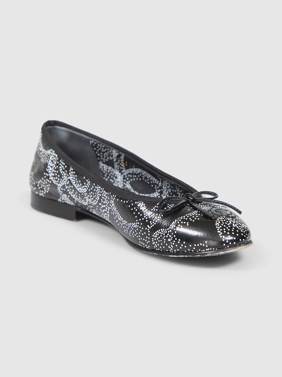 Chanel F/W2023 Black Calfskin Dotted Camellia Print Flats
