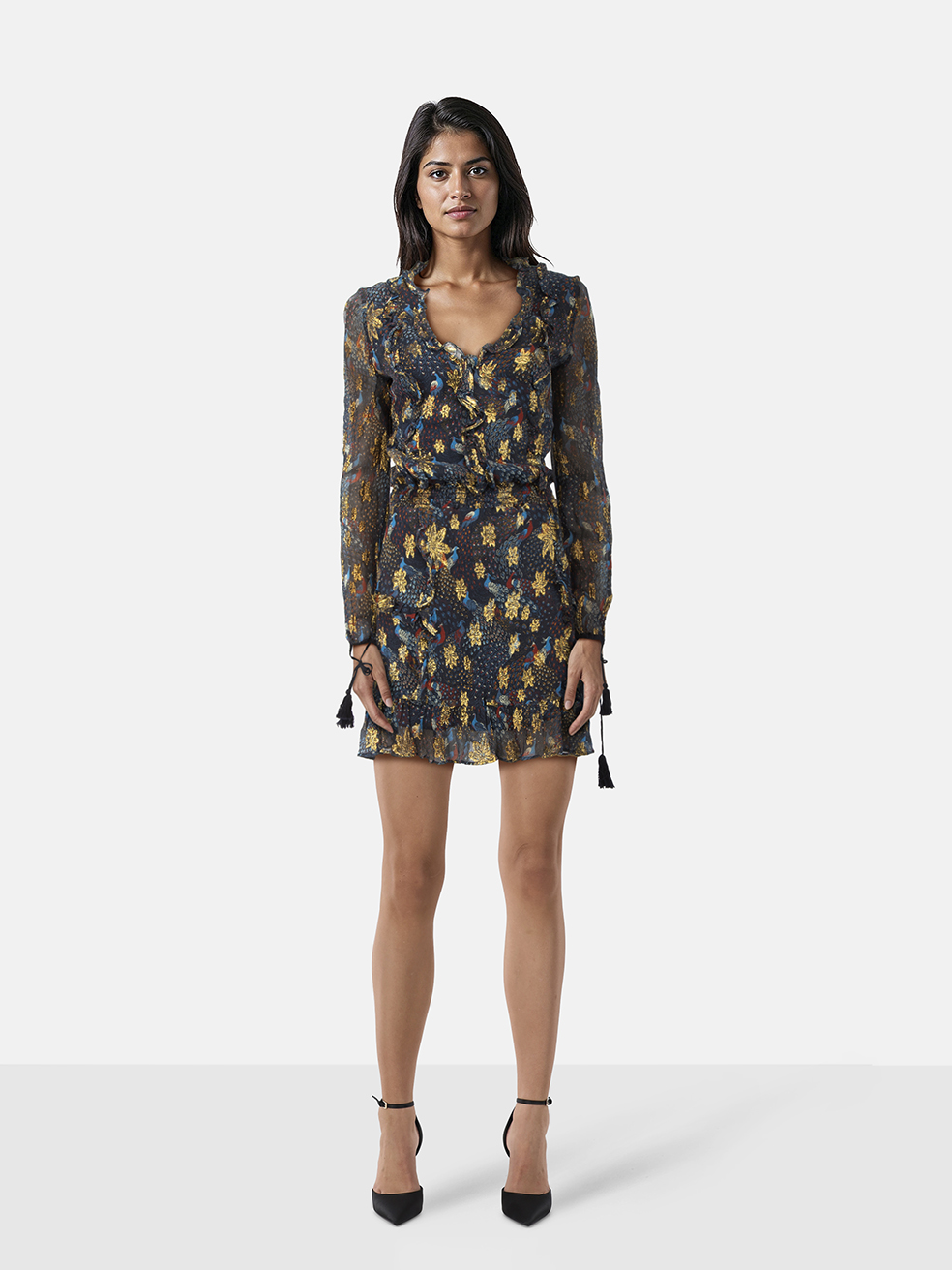 S�zane Golden Peacock Silk Mini Dress