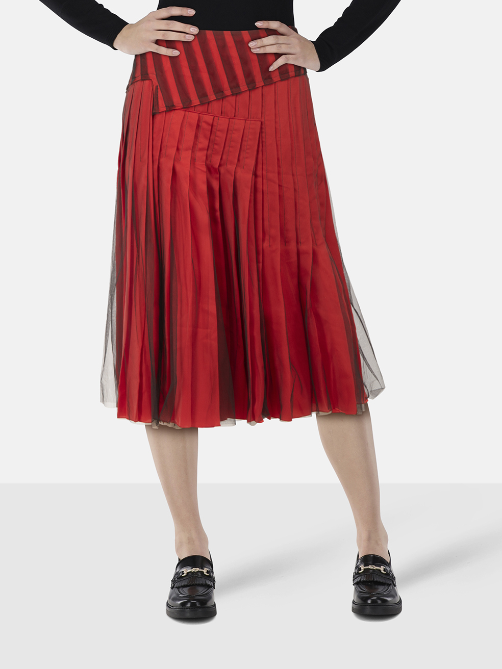 Bottega Veneta Red & Black Mesh Pleated Midi Skirt