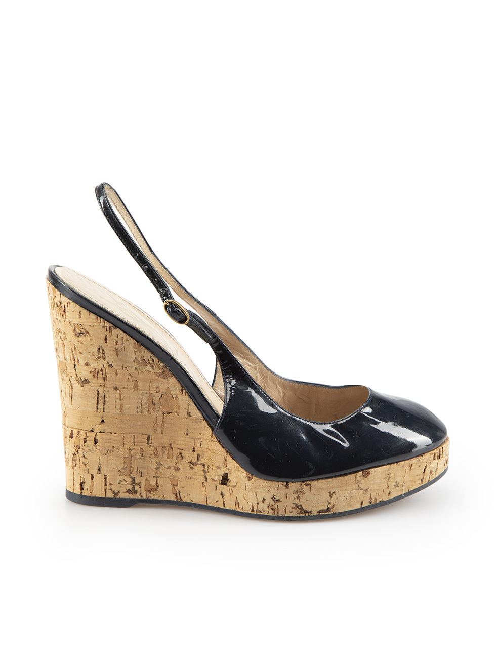 Saint Laurent Pre-Owned Navy Patent Slingback Cork Wedges
