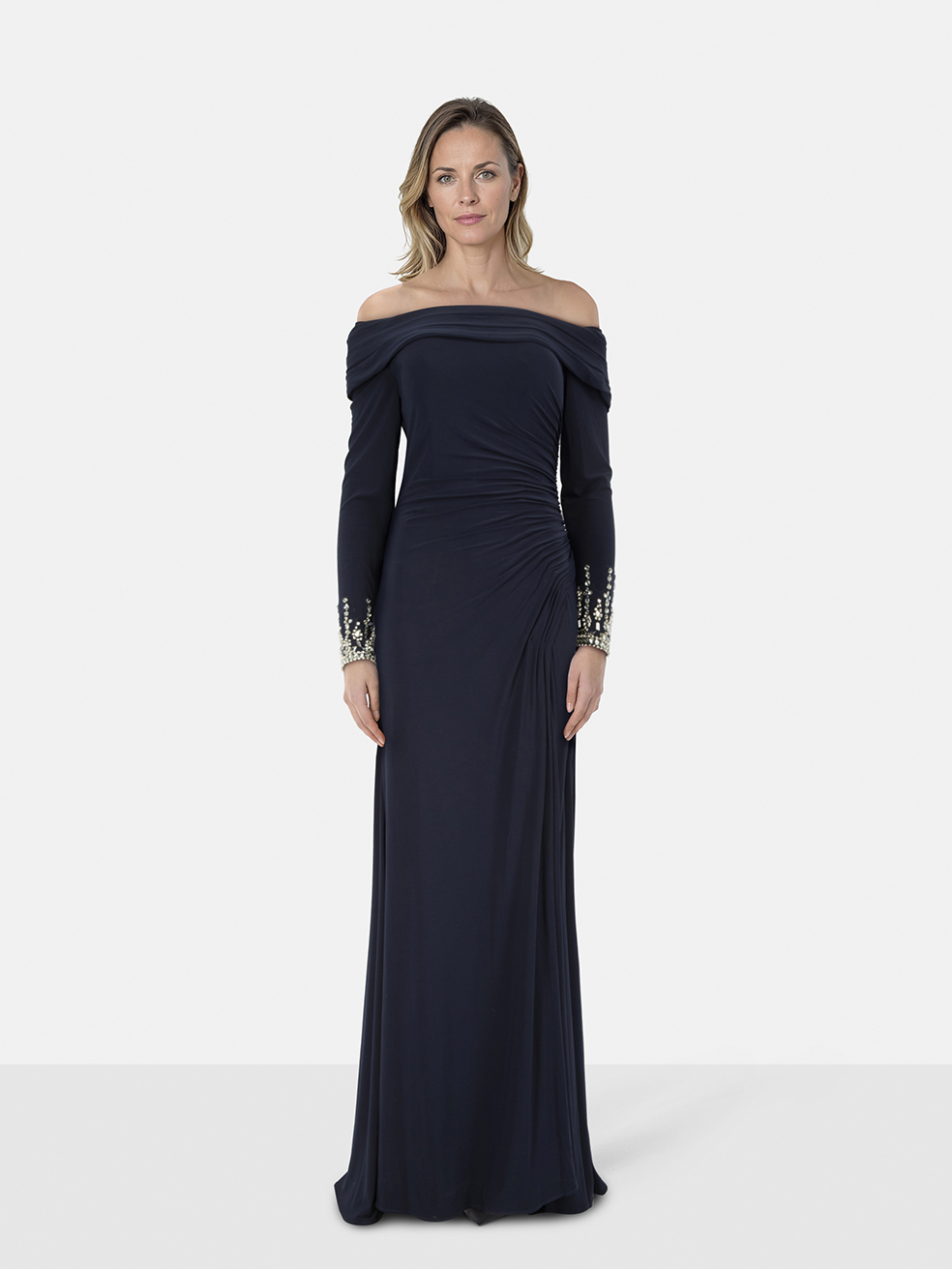 Mac Duggal Navy Crystal Embellished Ruched Dress
