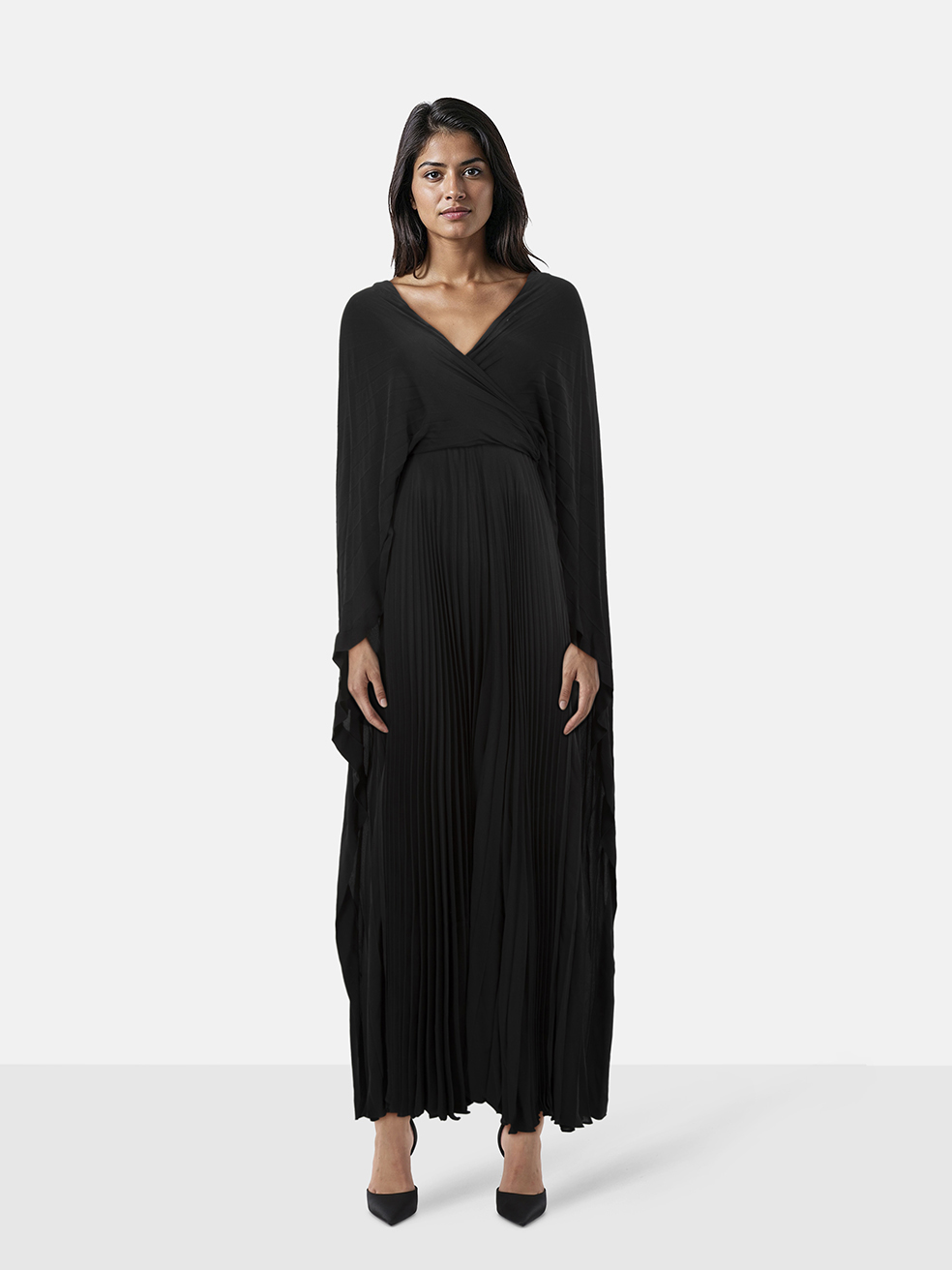 Valentino Garavani Black Silk Pleated Maxi Cape Dress