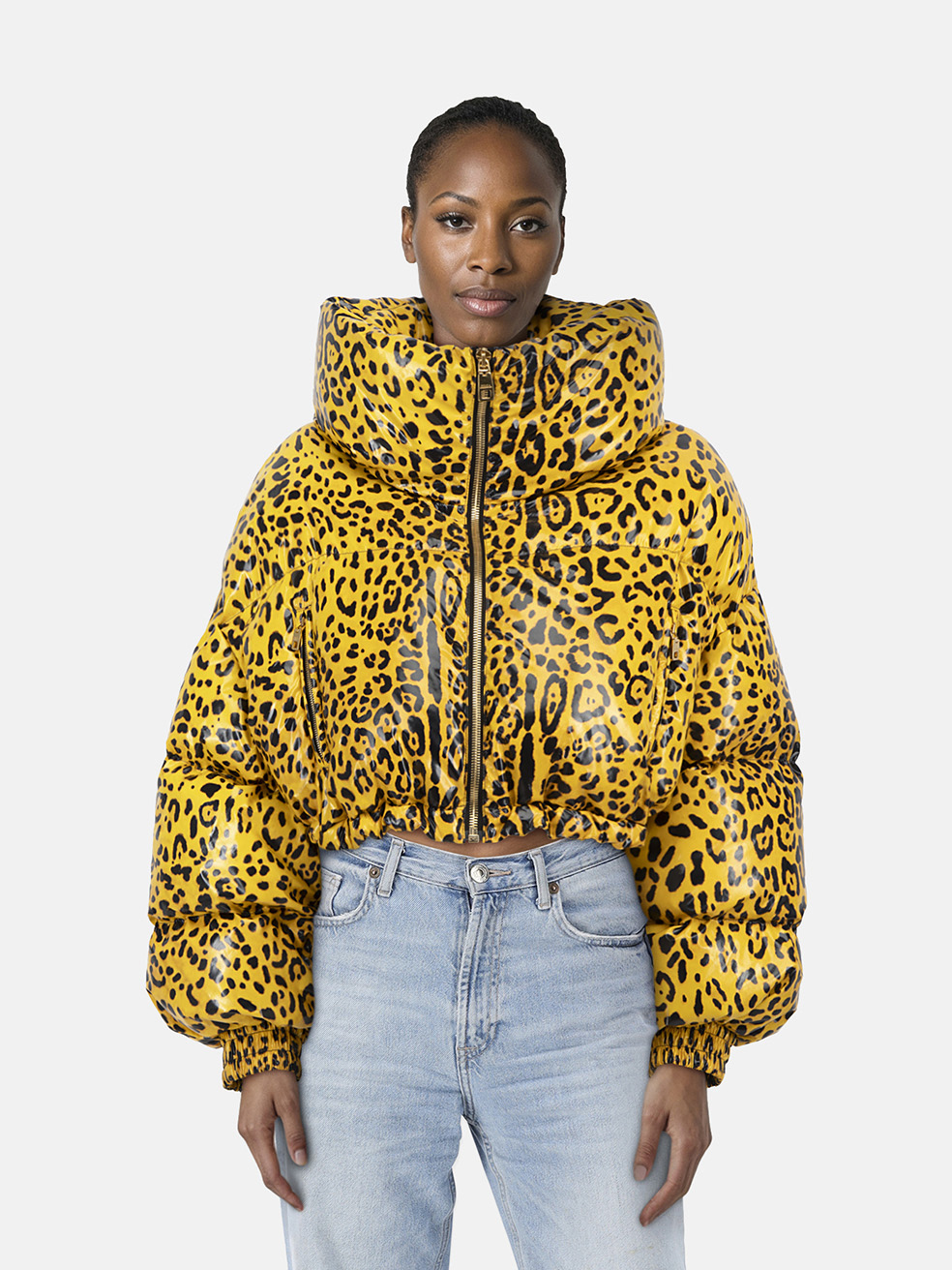 Dolce & Gabbana Yellow Leopard Print Puffer Jacket