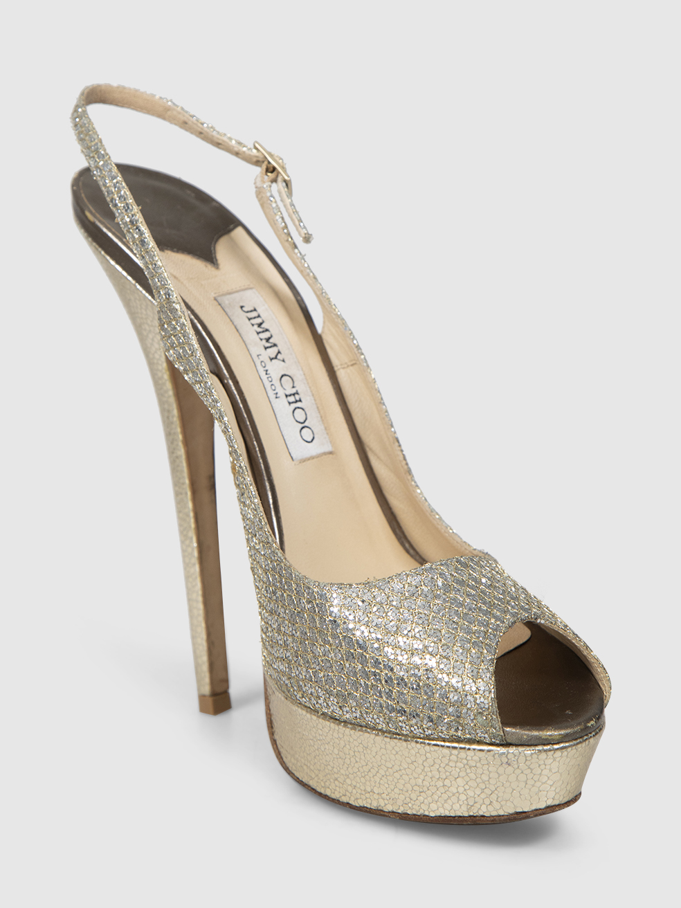 Jimmy Choo Silver Glitter & Gold Leather Heels