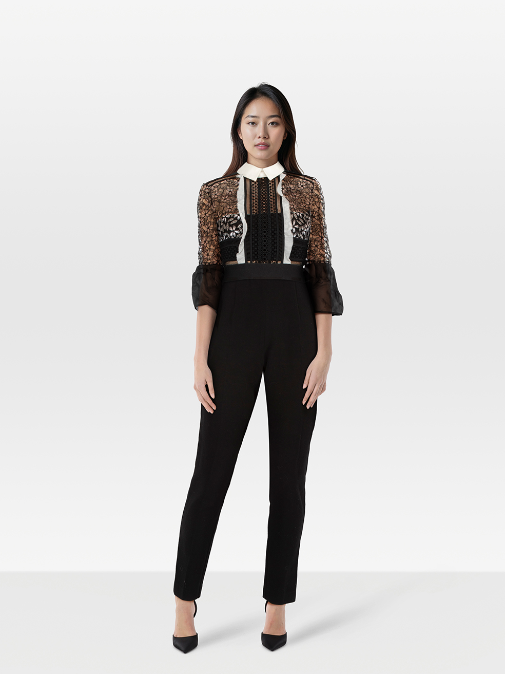 Self-Portrait Pre-Owned Black Floral Lace Top Jumpsuit
