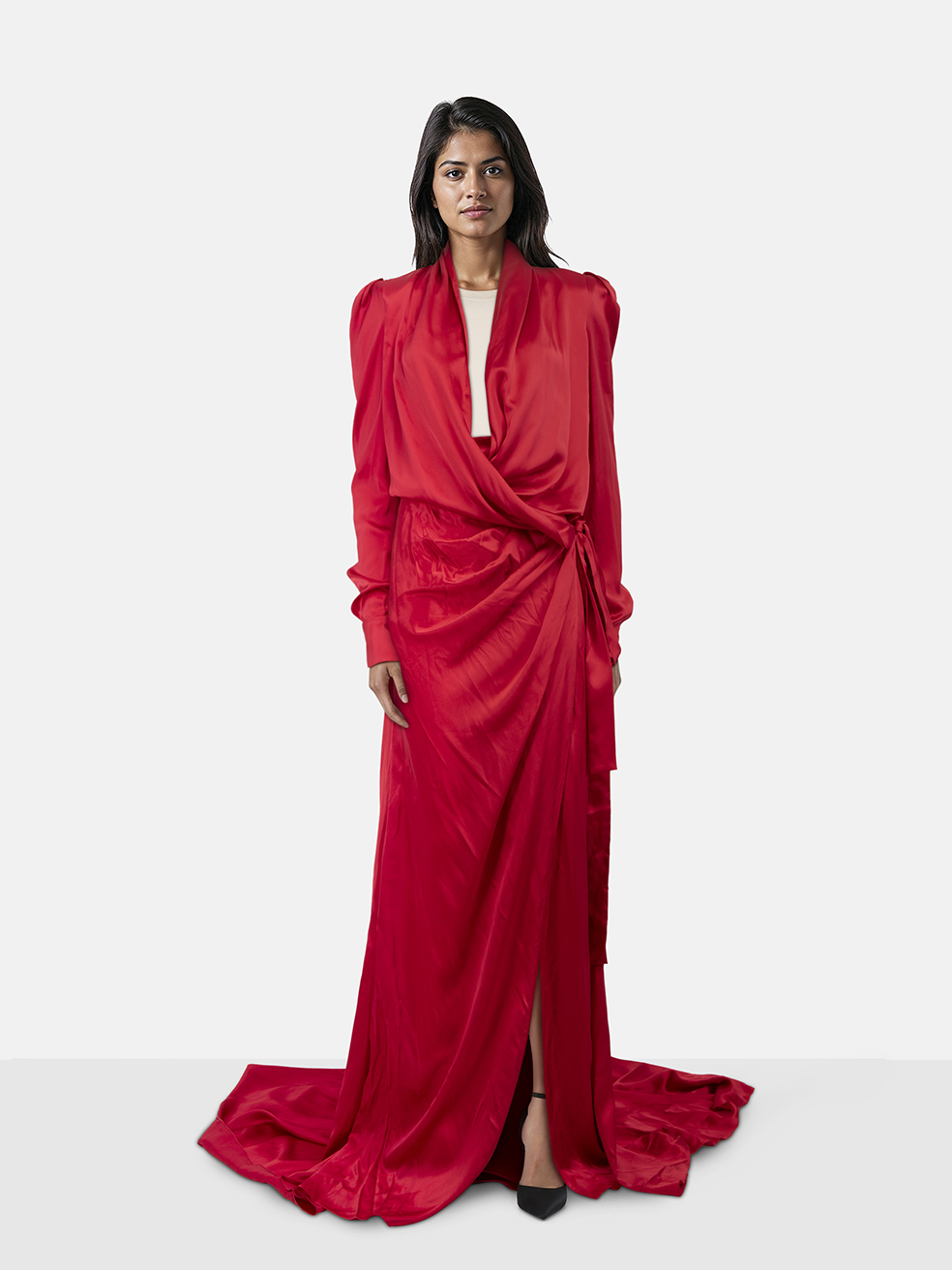 Ong-Oaj Pairam Red Silk Tammy Wrap Gown