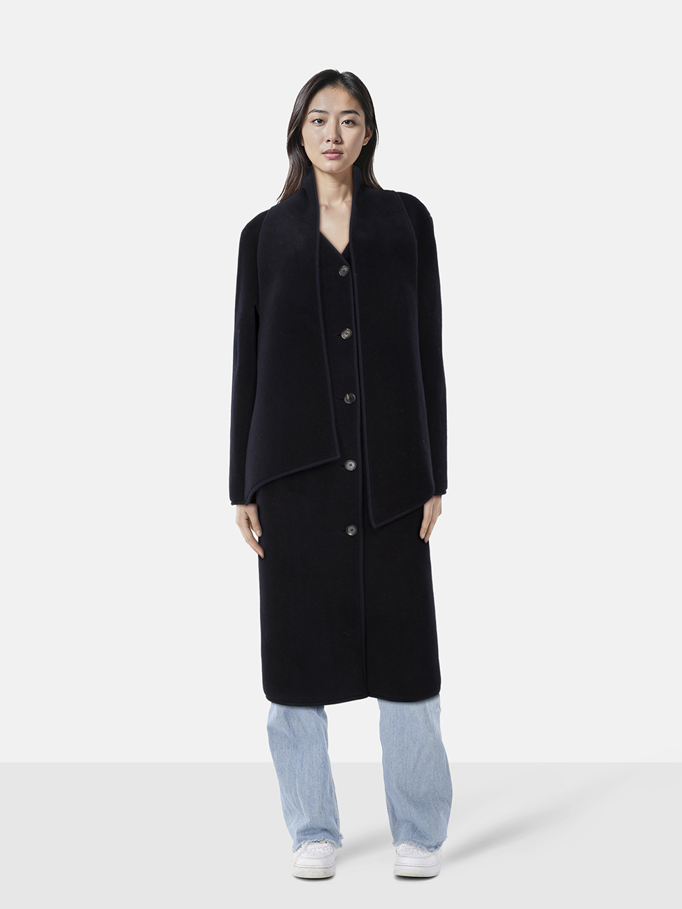 Loro Piana Navy Wool Long Coat With Scarf