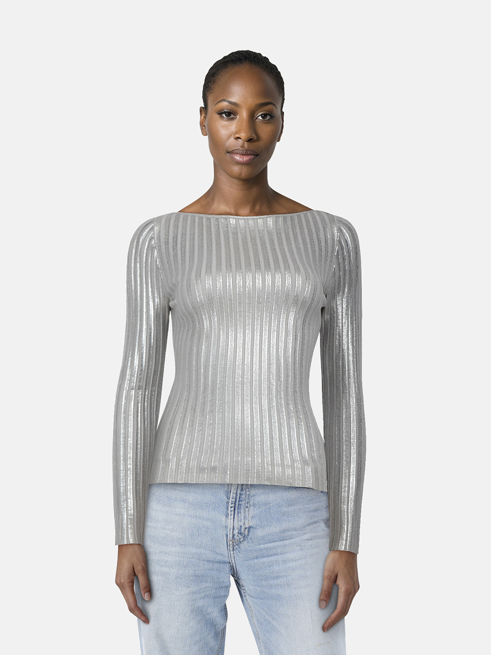 Blumarine Silver Ribbed Long Sleeve Top