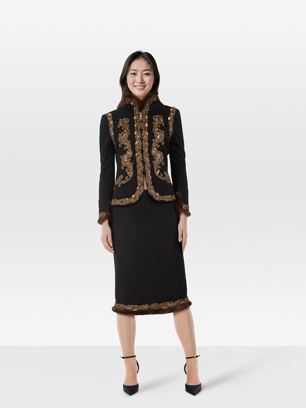 Andrew Gn Pre-Owned Black Wool Beaded Mink Fur Trim Set