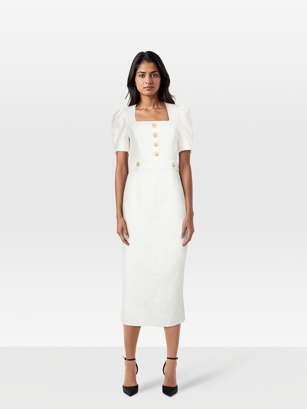 Rebecca Vallance White Square Neck Gold Button Long Dress