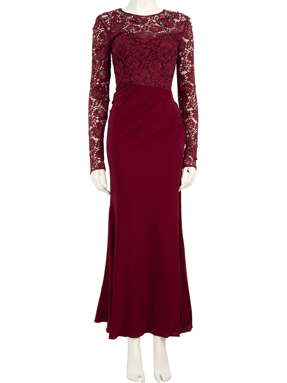 Pinko Pre-Owned Burgundy Floral Lace Beaded Maxi Dress
