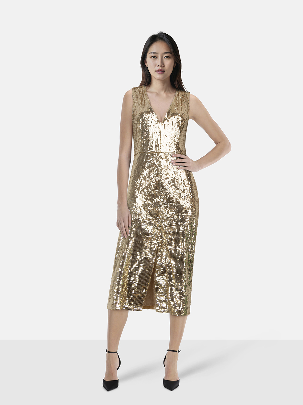 Alice + Olivia Women's Gold Sequinned Midi Dress