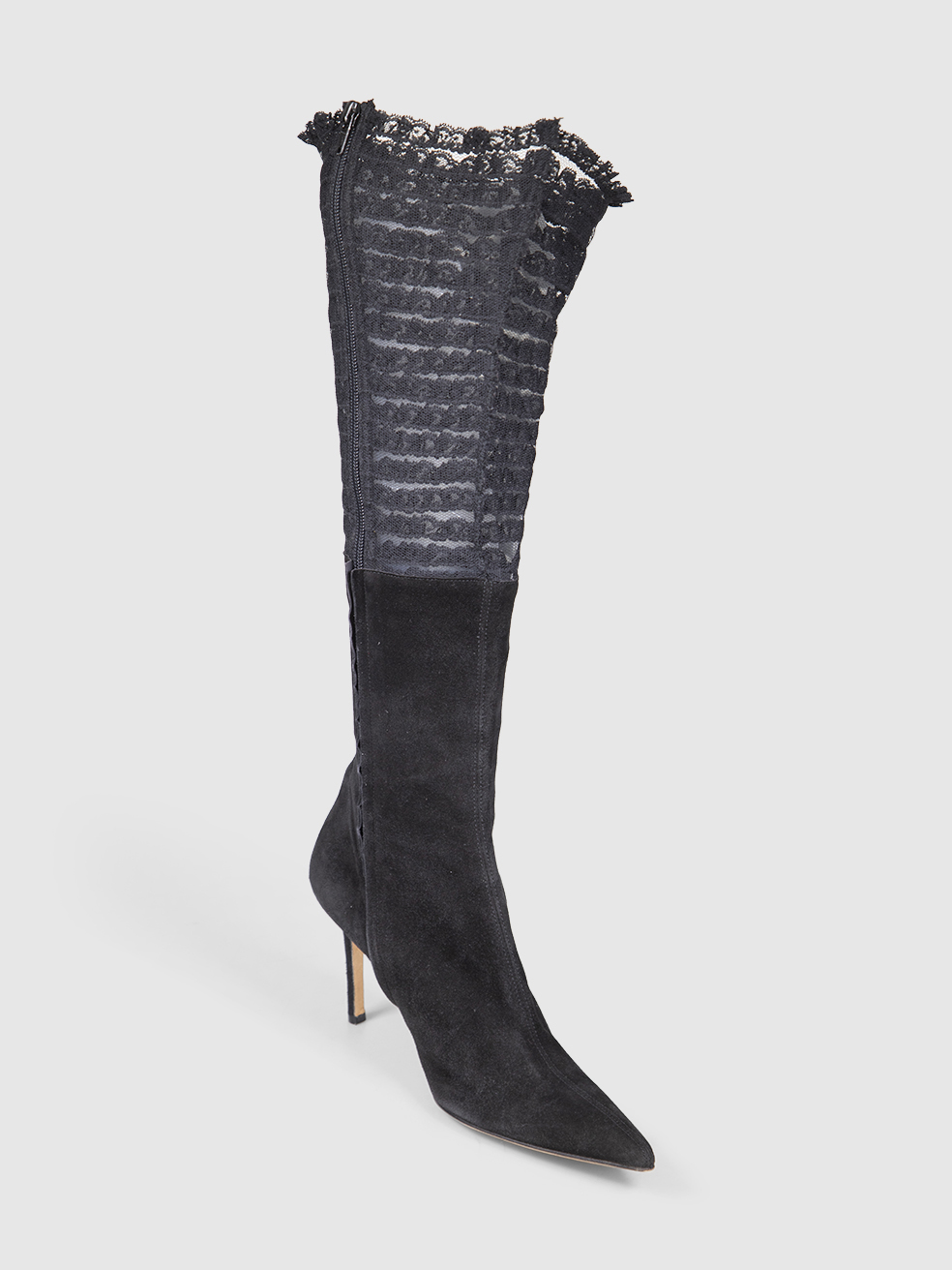 John Galliano Black Suede Lace Trim Boots