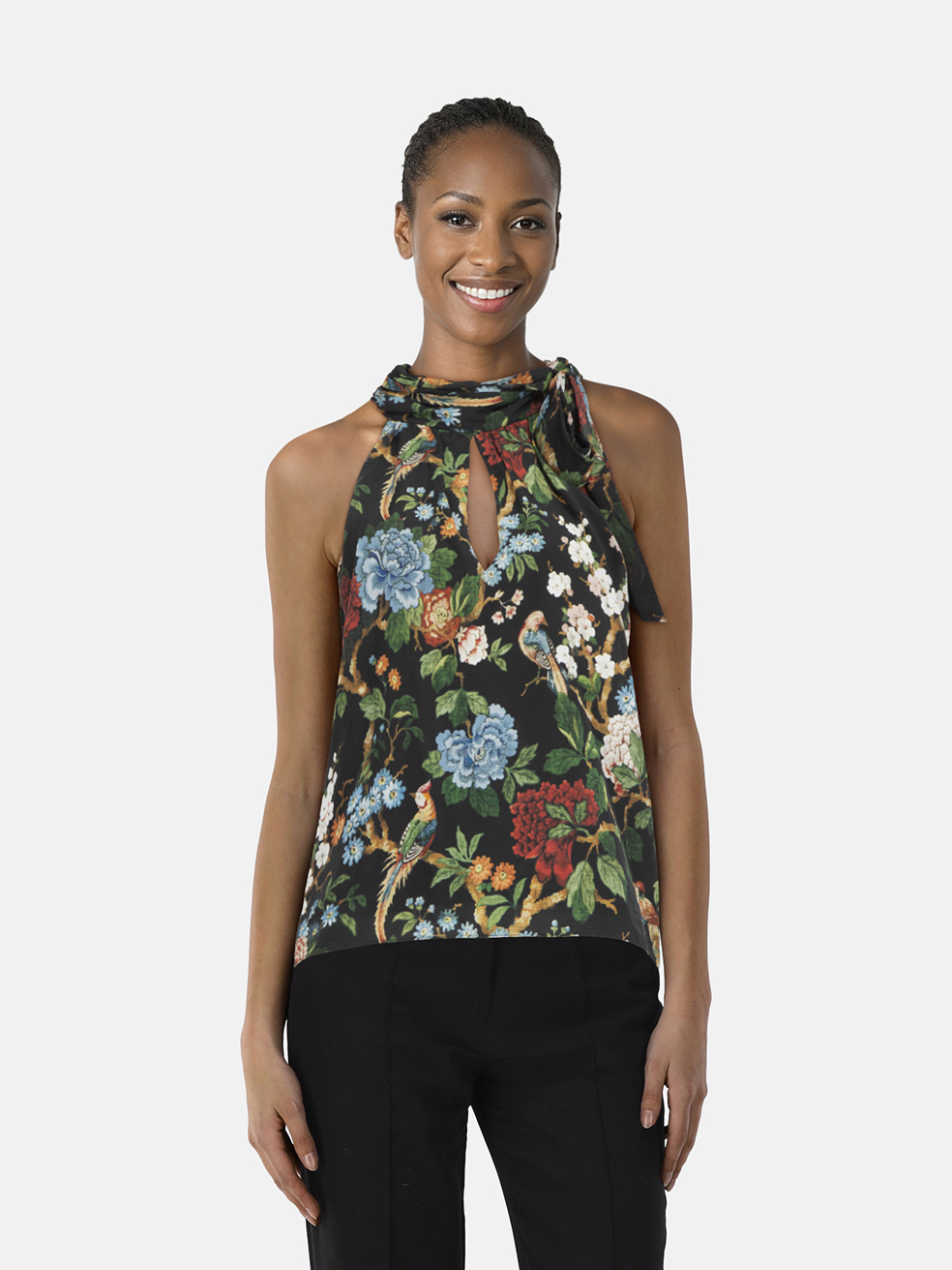 Alice + Olivia Floral Silk Neck Tie Top
