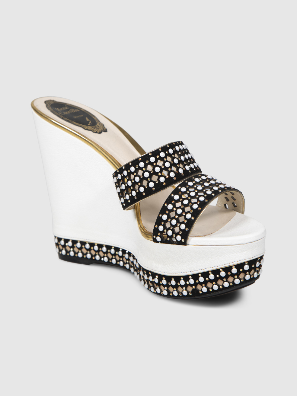 Rene Caovilla Black & White Leather Wedge Sandals