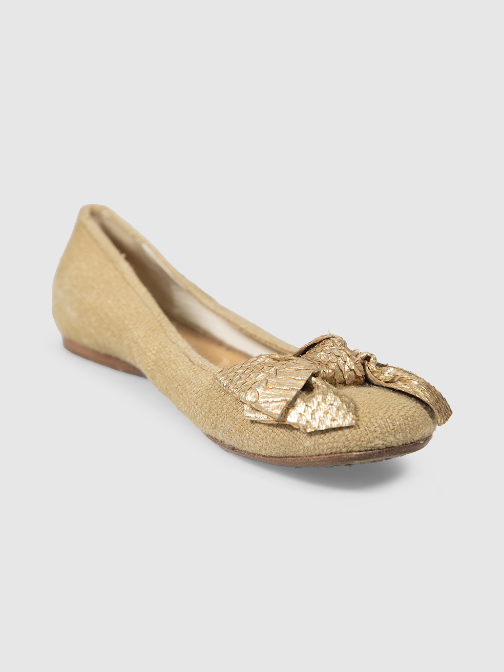 Miu Miu Beige Raffia & Snakeskin Bow Flats