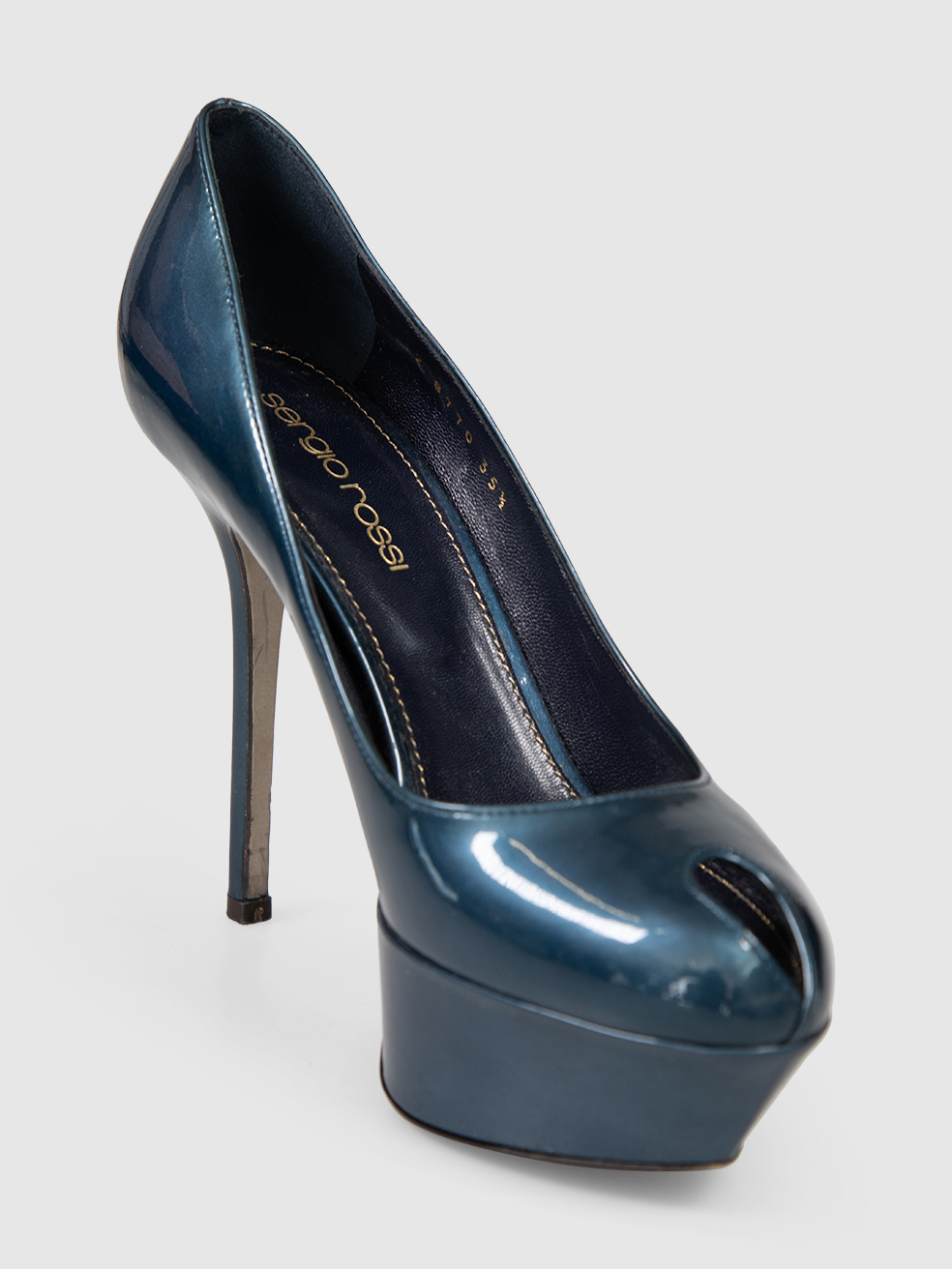 Sergio Rossi Blue Patent Leather Peep Toe Heels