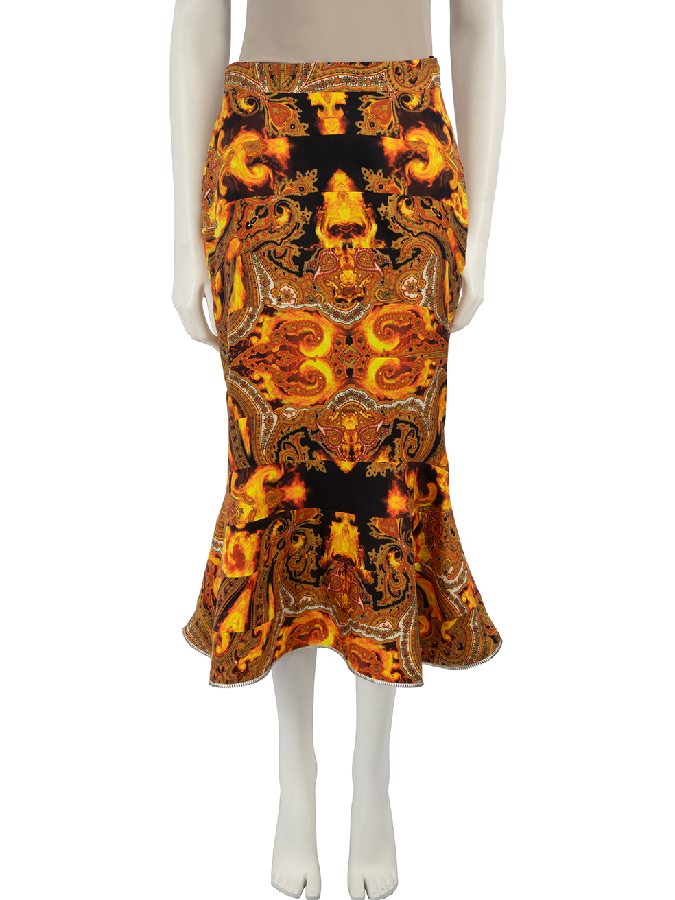 Givenchy Pre-Owned Orange Silk Flame Print Zip Trim Skirt