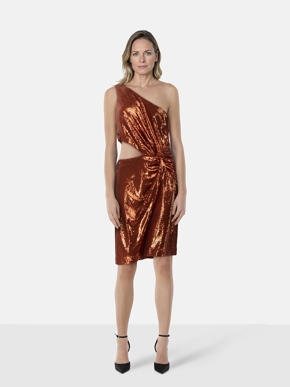 Halston Heritage Bronze Sequin One Shoulder Dress