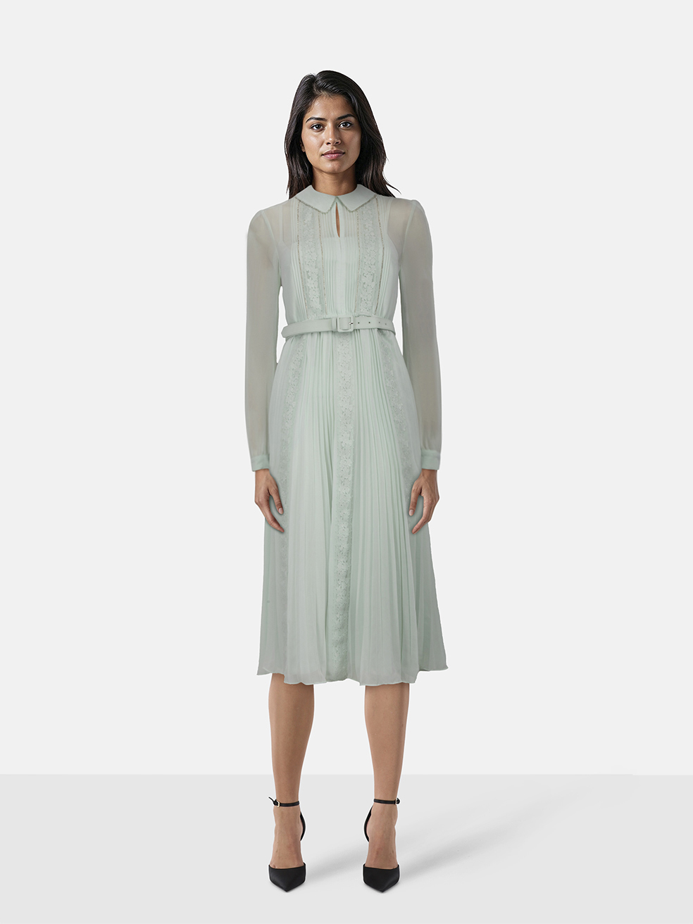 Self-Portrait Women's Green Pleated Diamante Detail Midi Dress