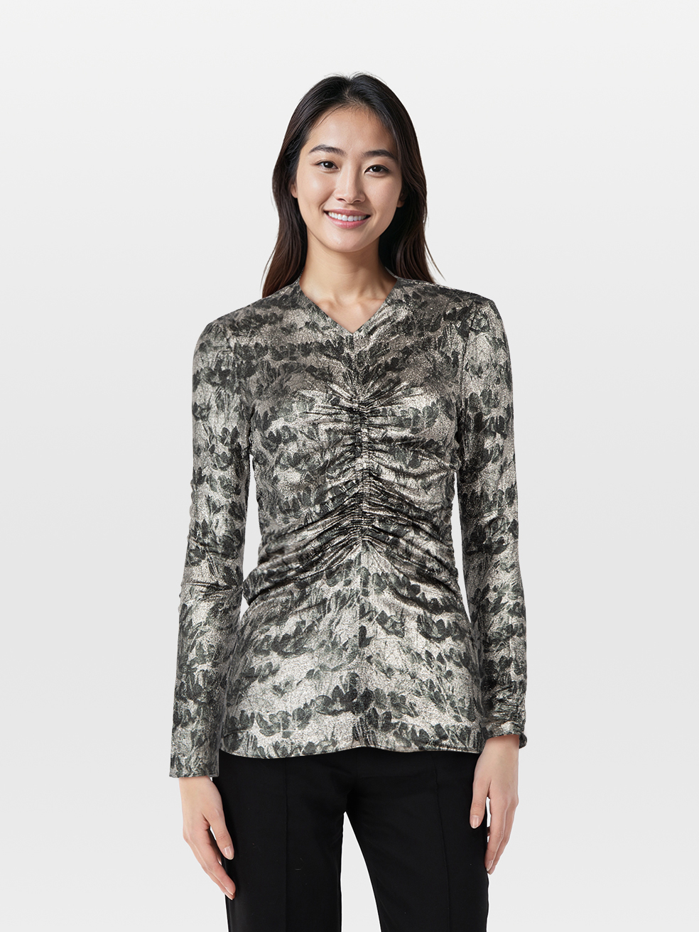 Isabel Marant Pre-Owned Silver Silk Metallic Ruched Top