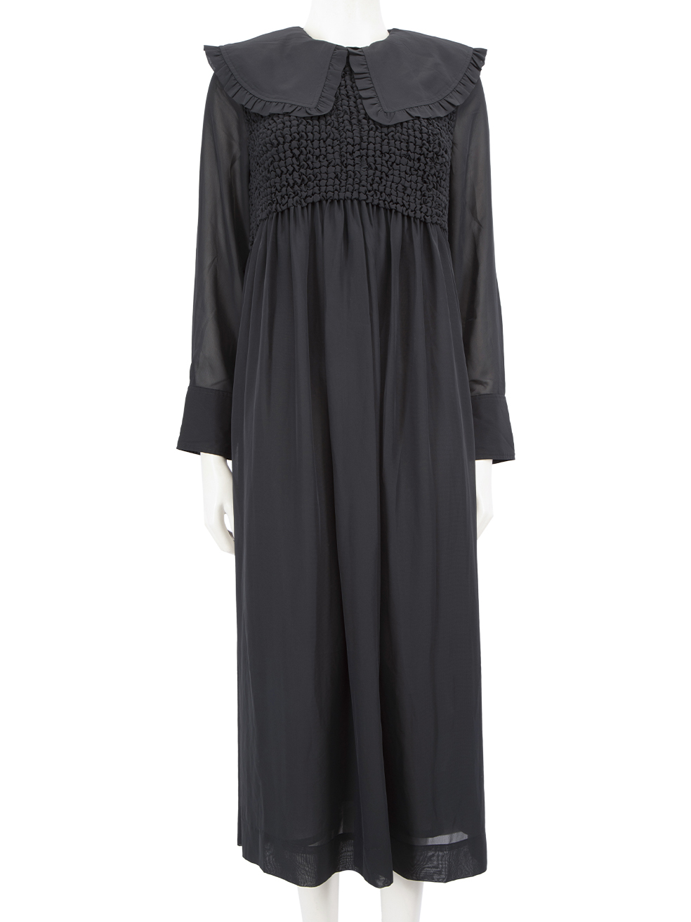 Ganni Black Ruched Long Sleeve Midi Dress