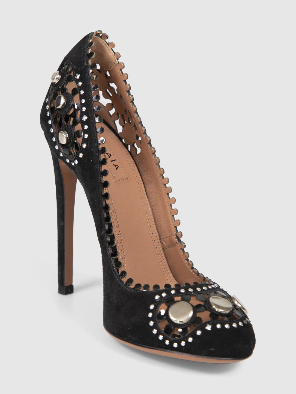 Ala�a Black Suede Embellished Cutout Pumps