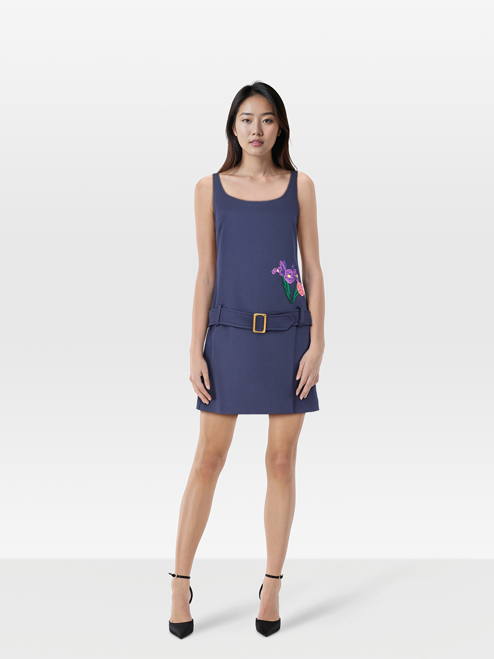 Moschino Pre-Owned Boutique Moschino Navy Flower Embroidered Belted Dress
