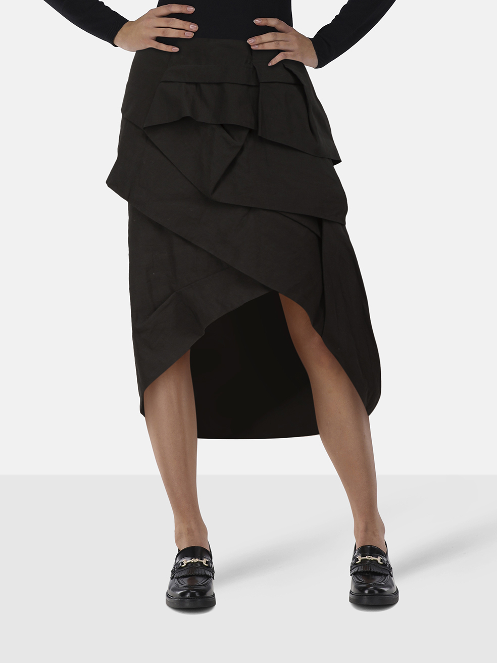 Dries Van Noten Black Ruffle Tiered Midi Skirt