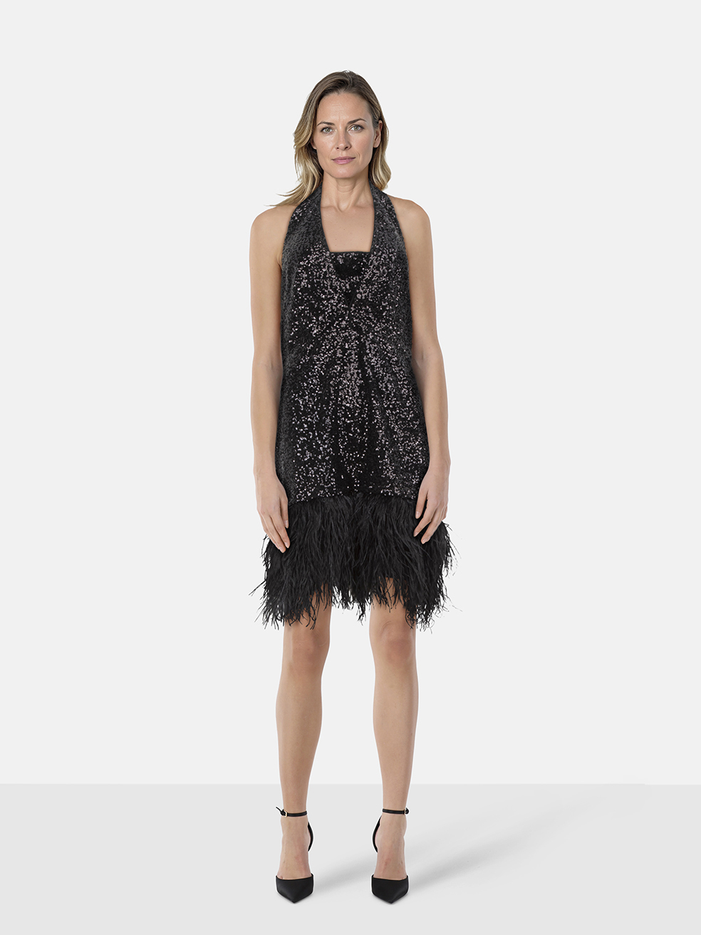 Milly Black Sequinned Feather Trim Amelia Dress