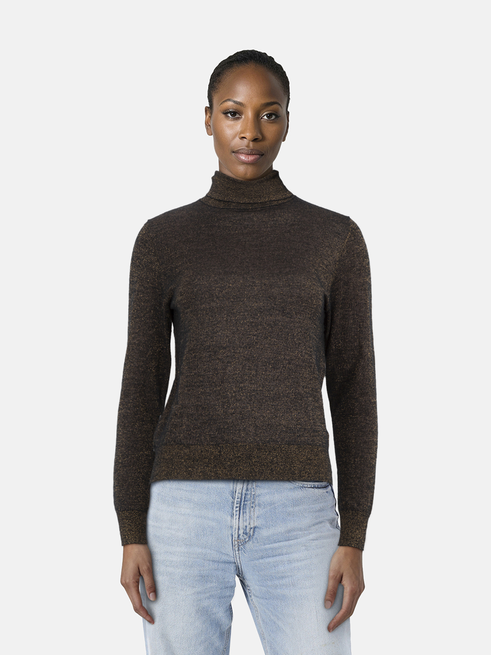 N. PEAL Black & Gold Cashmere Metallic Knit Turtleneck