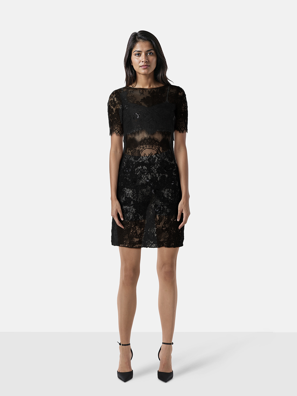 Marchesa Notte Black Lace Sequinned Knee Length Dress