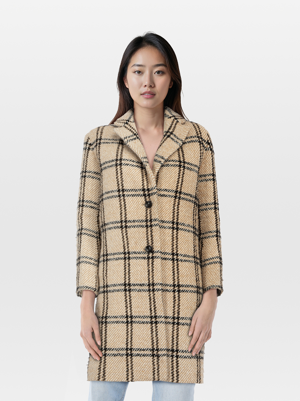 Maje Pre-Owned Beige & Black Checkered Mid Length Coat
