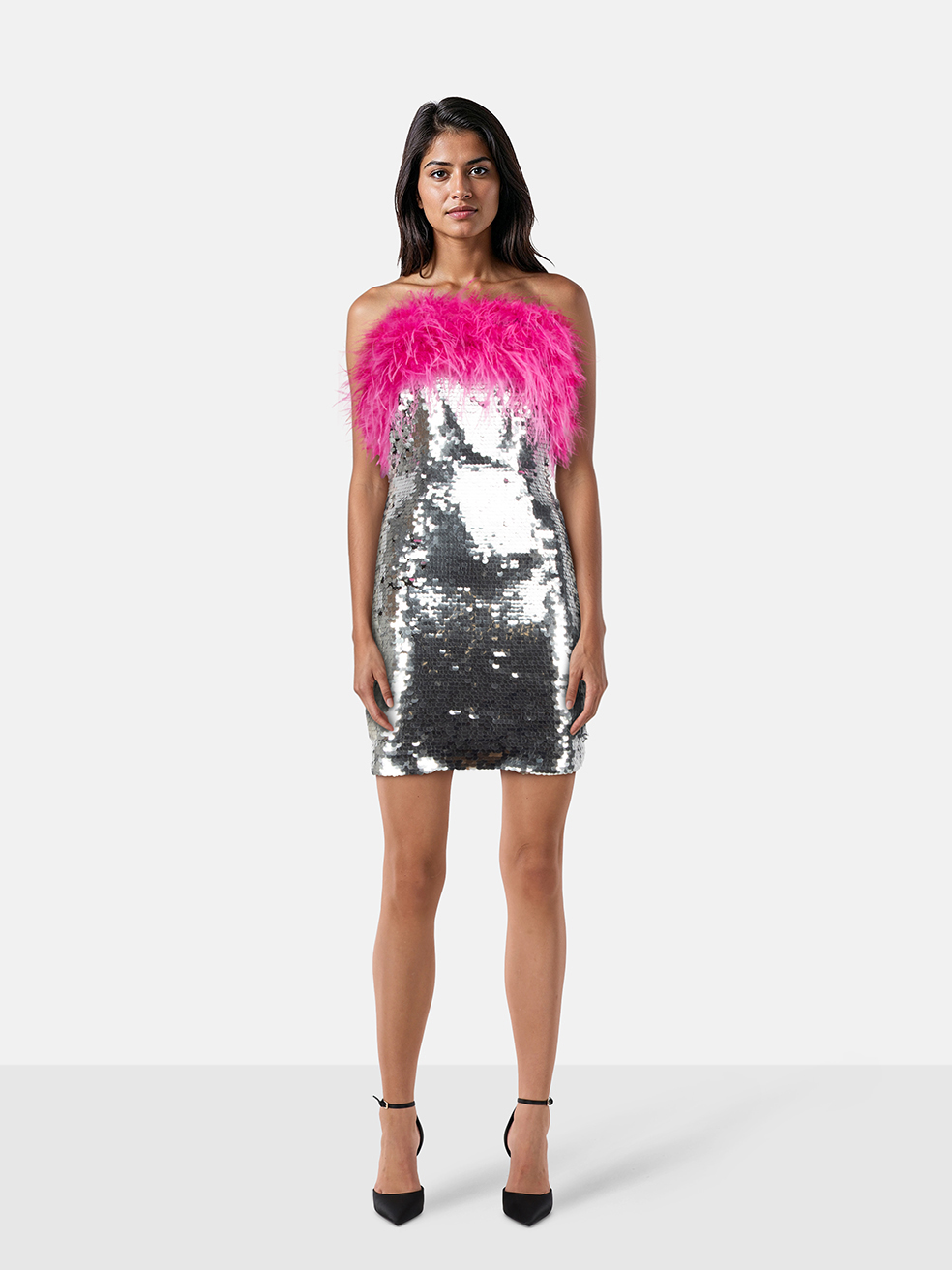 Nadine Merabi Silver Sequin & Feather Trim Cindy Dress