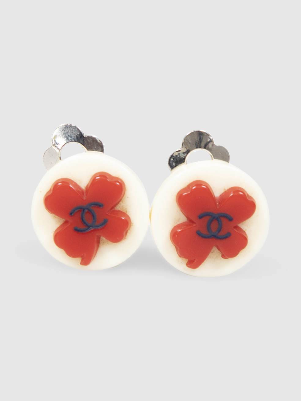 Chanel Women's Red Vintage Four Leaf Clover Clip On Earrings
