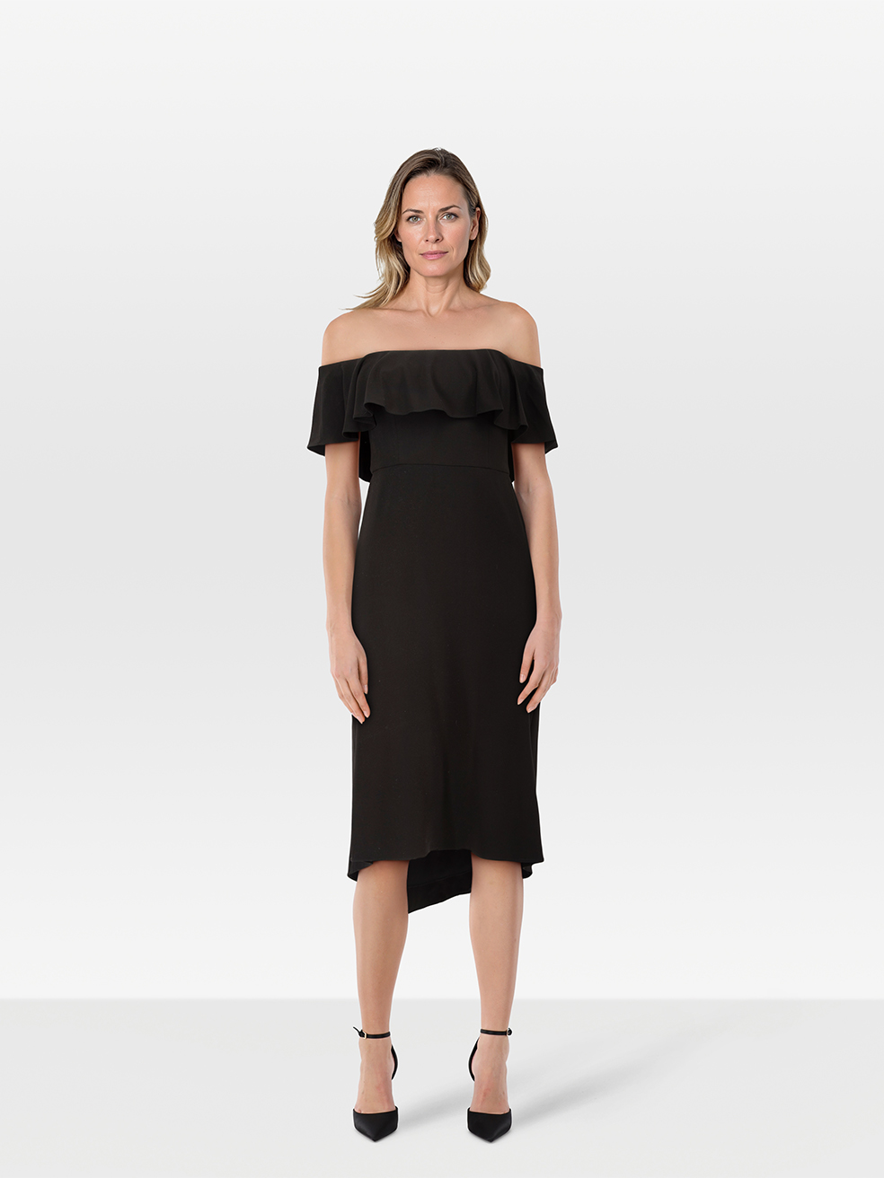 Halston Heritage Black Off Shoulder Midi Dress