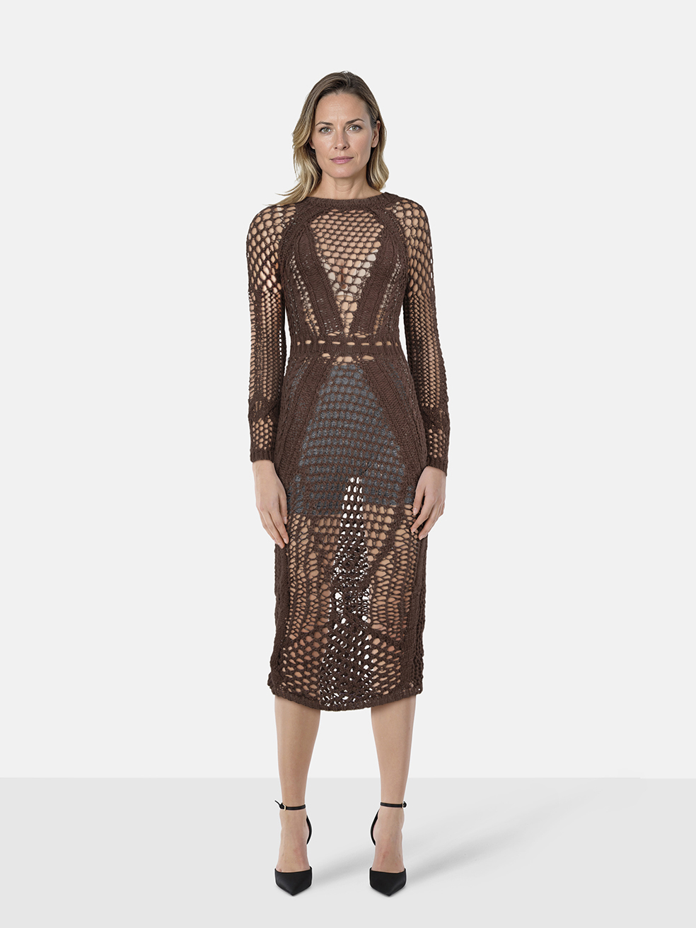 Balmain Brown Long Sleeve Crochet Dress