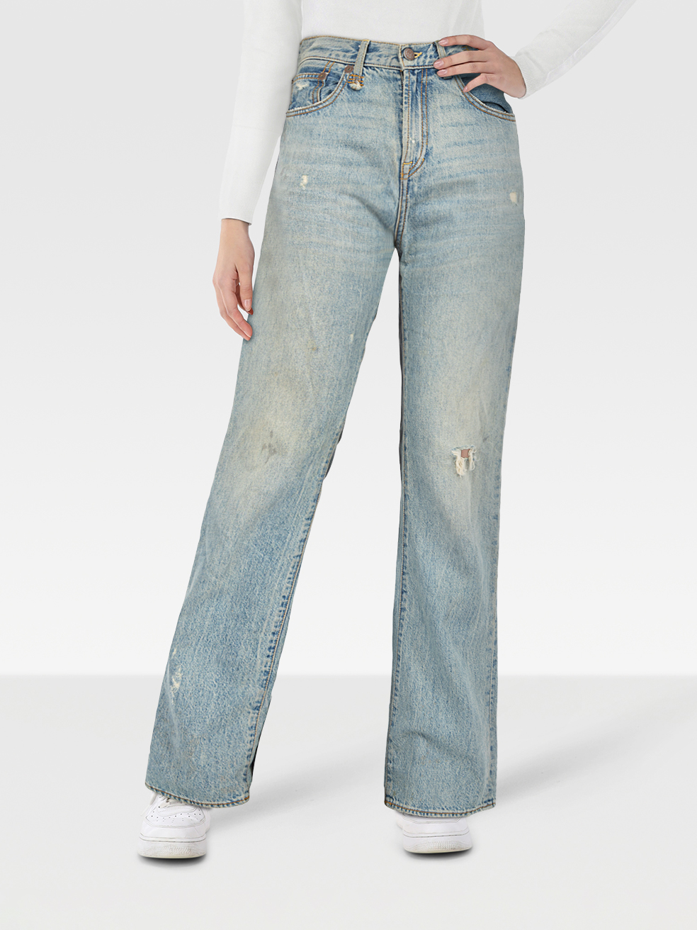 R13 Pre-Owned Blue Distressed Straight Leg High Rise Jeans