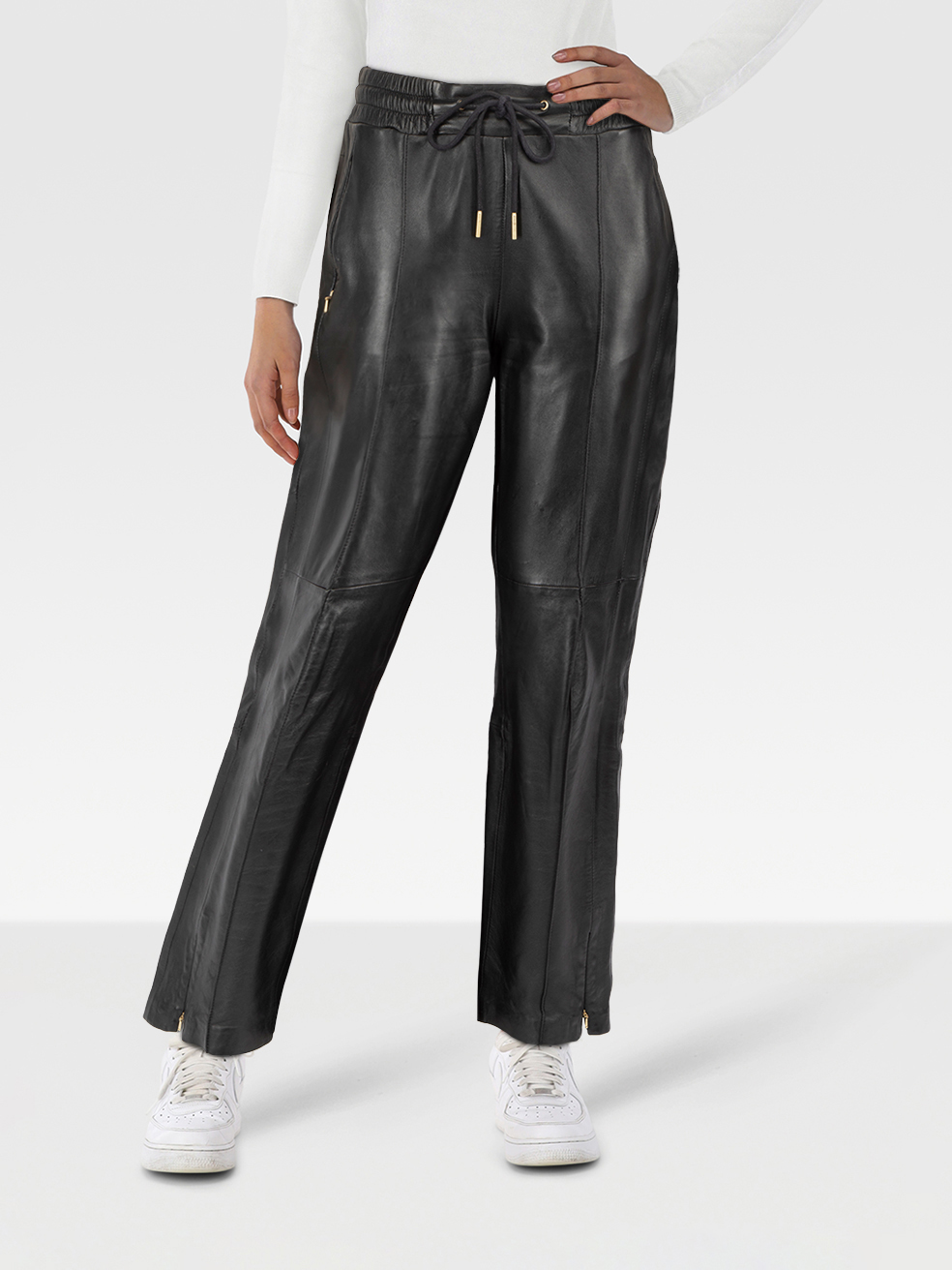 ME+EM Pre-Owned Black Leather Drawstring Straight Trousers