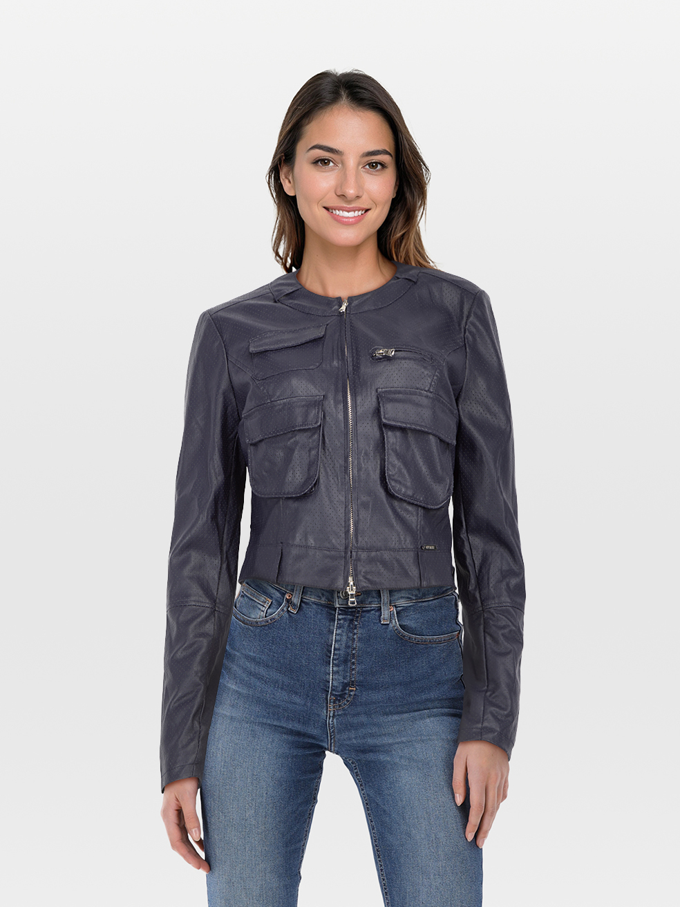 Guess Pre-Owned Navy Vegan Leather Perforated Jacket