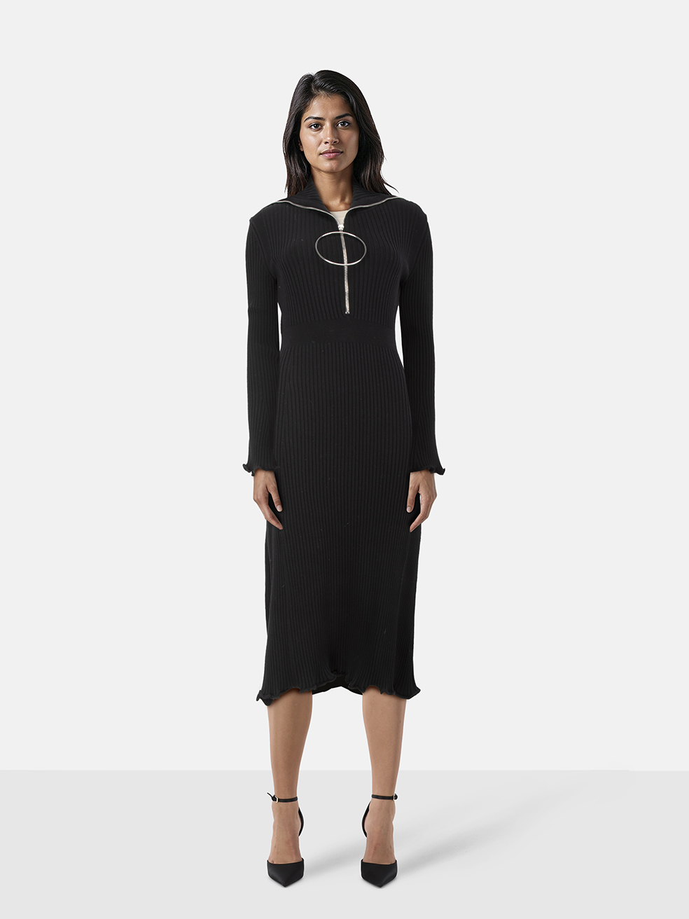 Paco Rabanne Black Ribbed Zip Pull Dress
