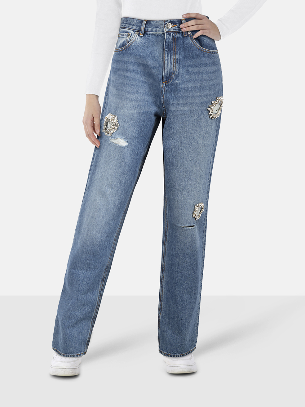 Area Blue Denim Embellished Distressed Jeans