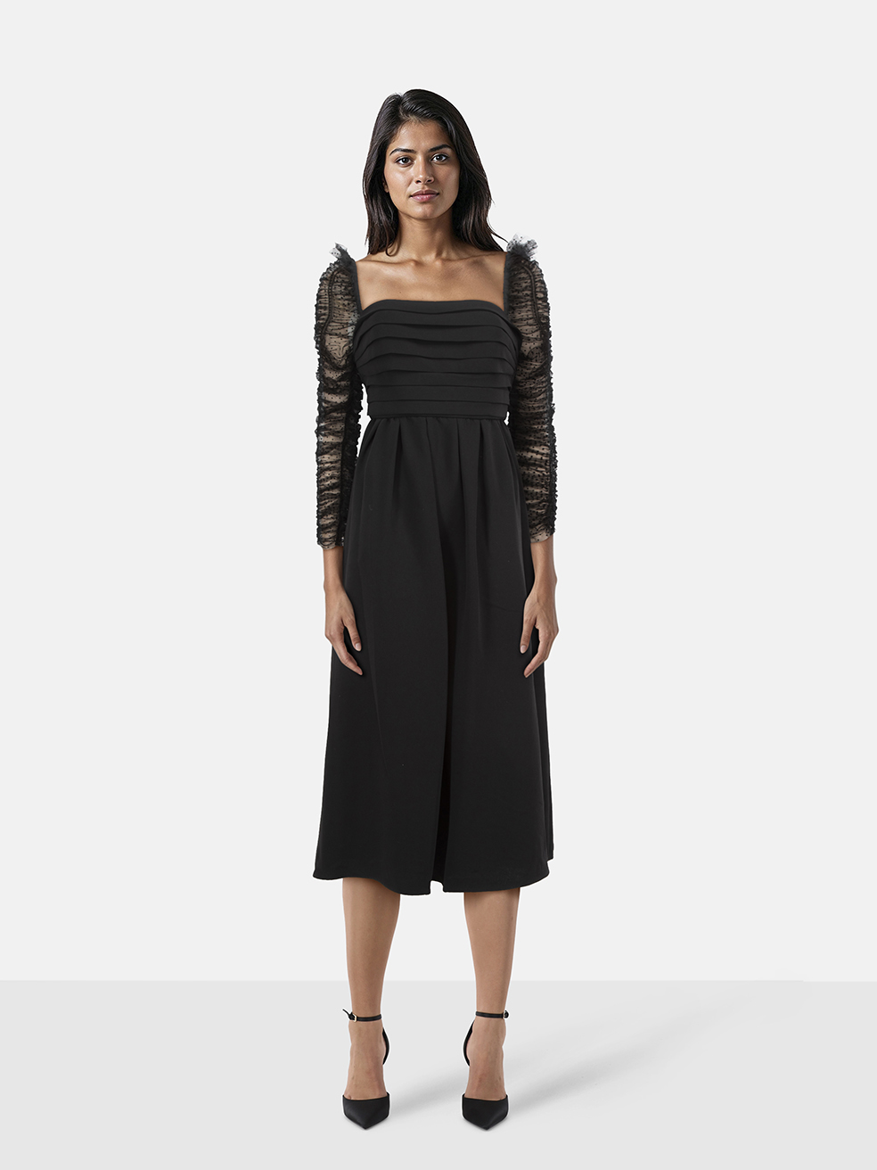 Self-Portrait Crepe Dot Mesh Sleeved Midi Dress