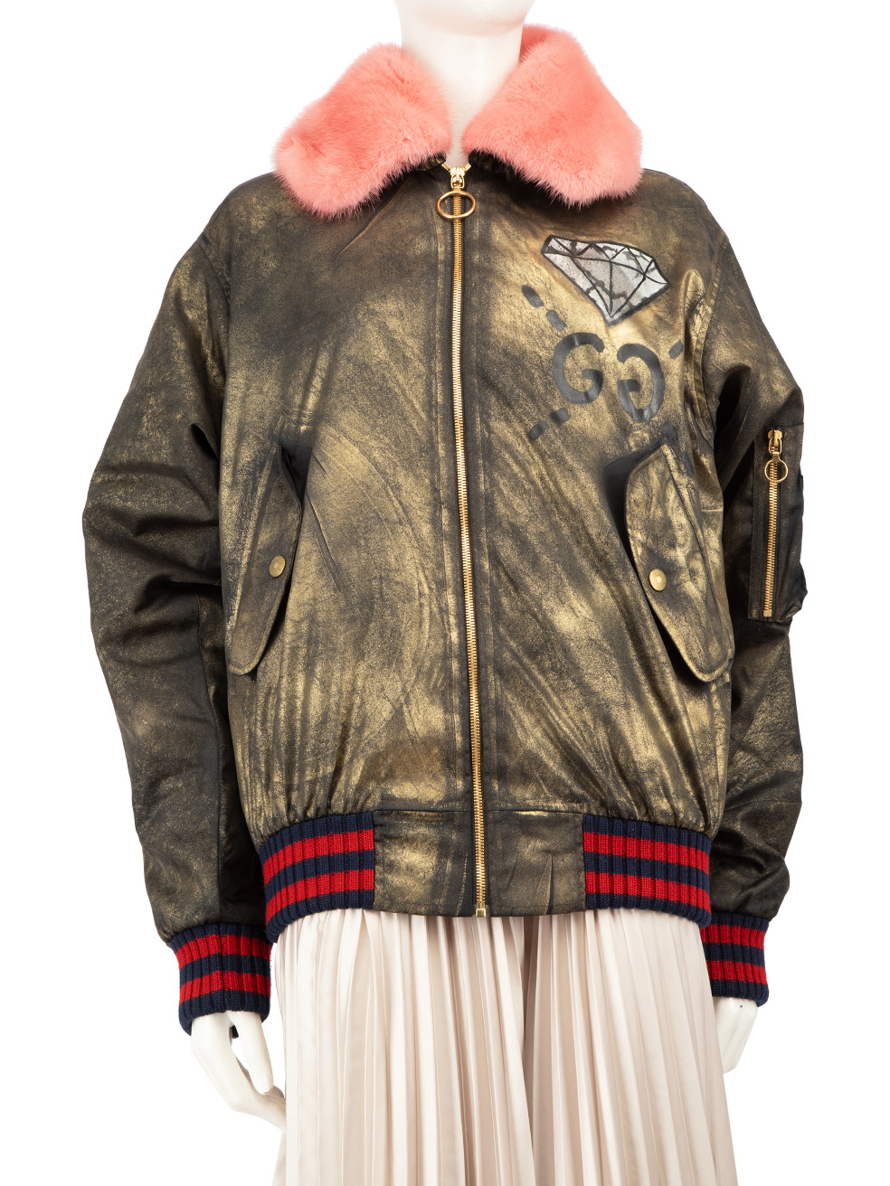 Gucci Pre-Owned Khaki Mink Collar Gucci Ghost Bomber Jacket