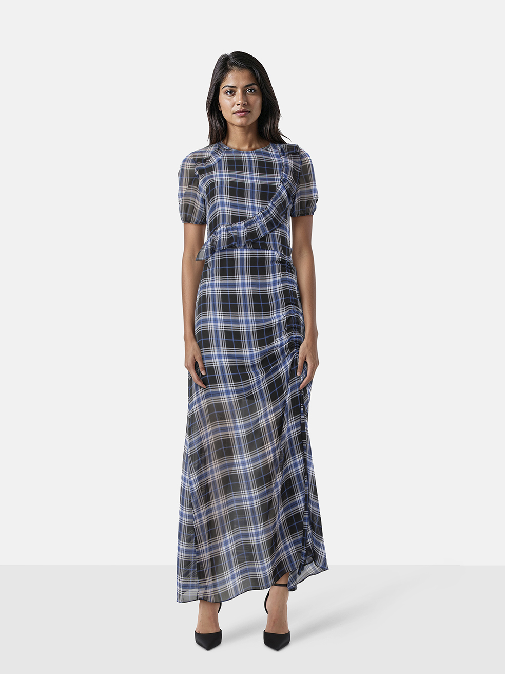 Maje Navy Plaid Chiffon Midi Dress