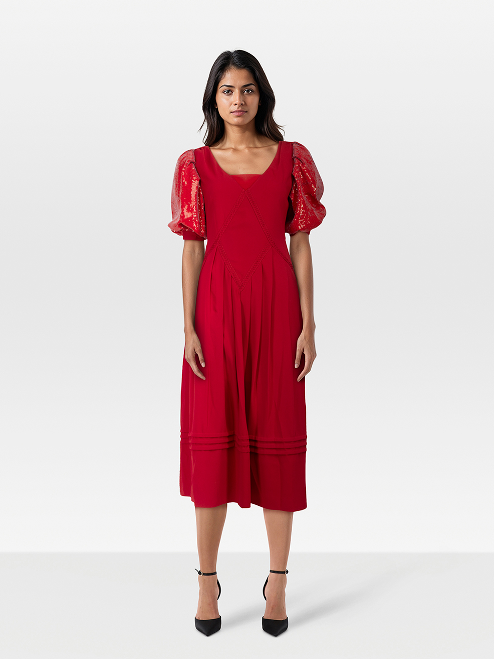 Self-Portrait Red Sequin Puff Sleeve Midi Dress