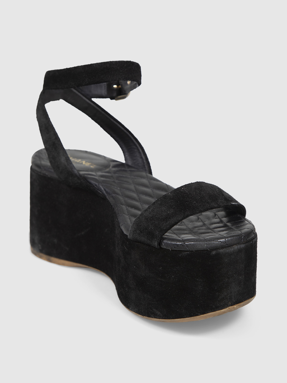 Chanel 2015 Black Suede CC Wedge Sandals