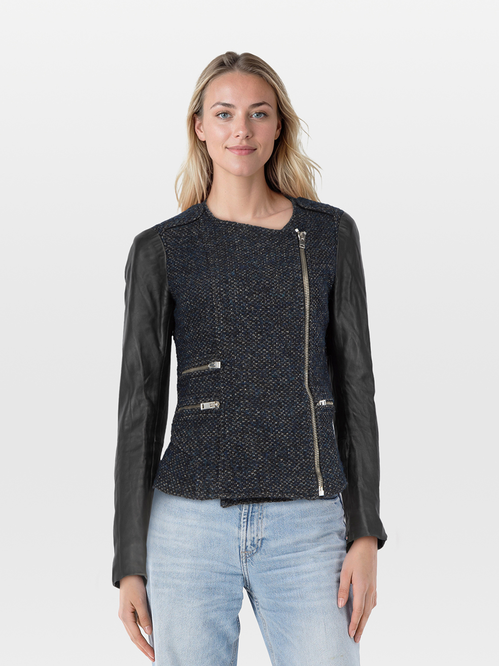 Maje Pre-Owned Navy & Black Tweed & Leather Zip Up Jacket
