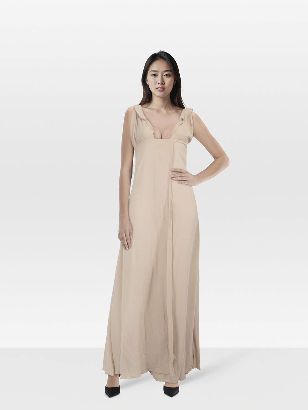 Reformation Pre-Owned Beige Wrap Knot Detail Maxi Gown